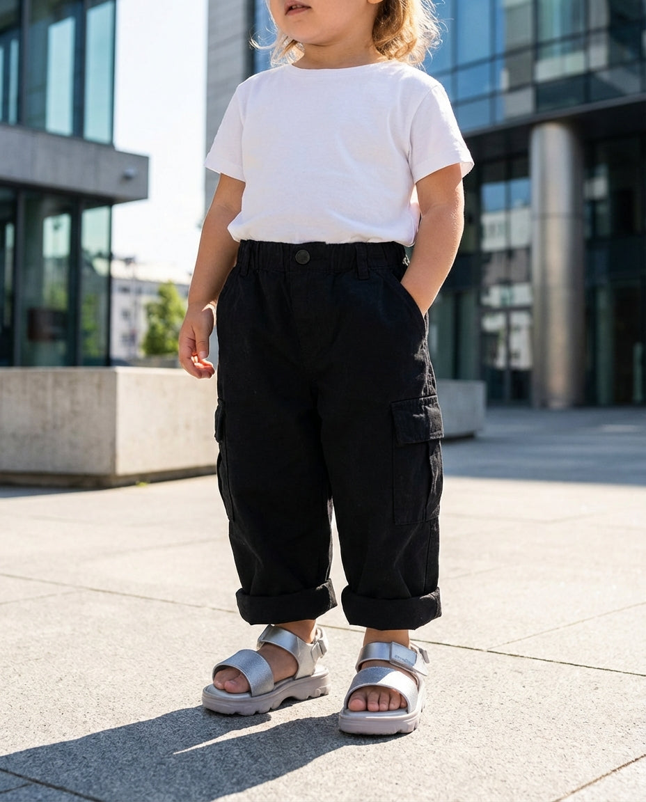 iyah kargo pantolon kombiniyle modern şehirde duran 3 yaşındaki havalı kızın ayağında gümüş metalik Mini Melissa Kick Off sandalet