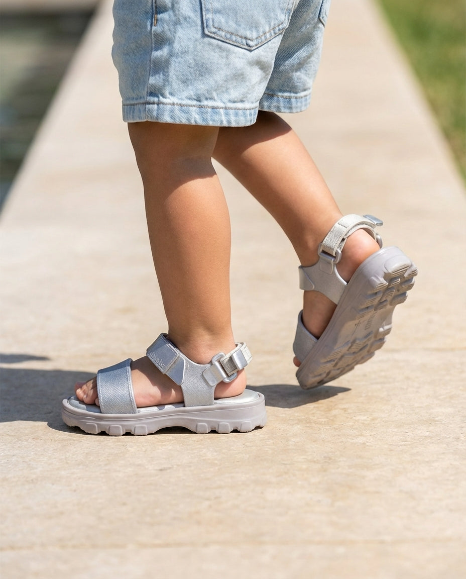 Taş zeminde adım atan 2 yaşındaki miniğin ayağını güvenle saran kalın tabanlı gümüş Mini Melissa Kick Off sandalet yakın plan