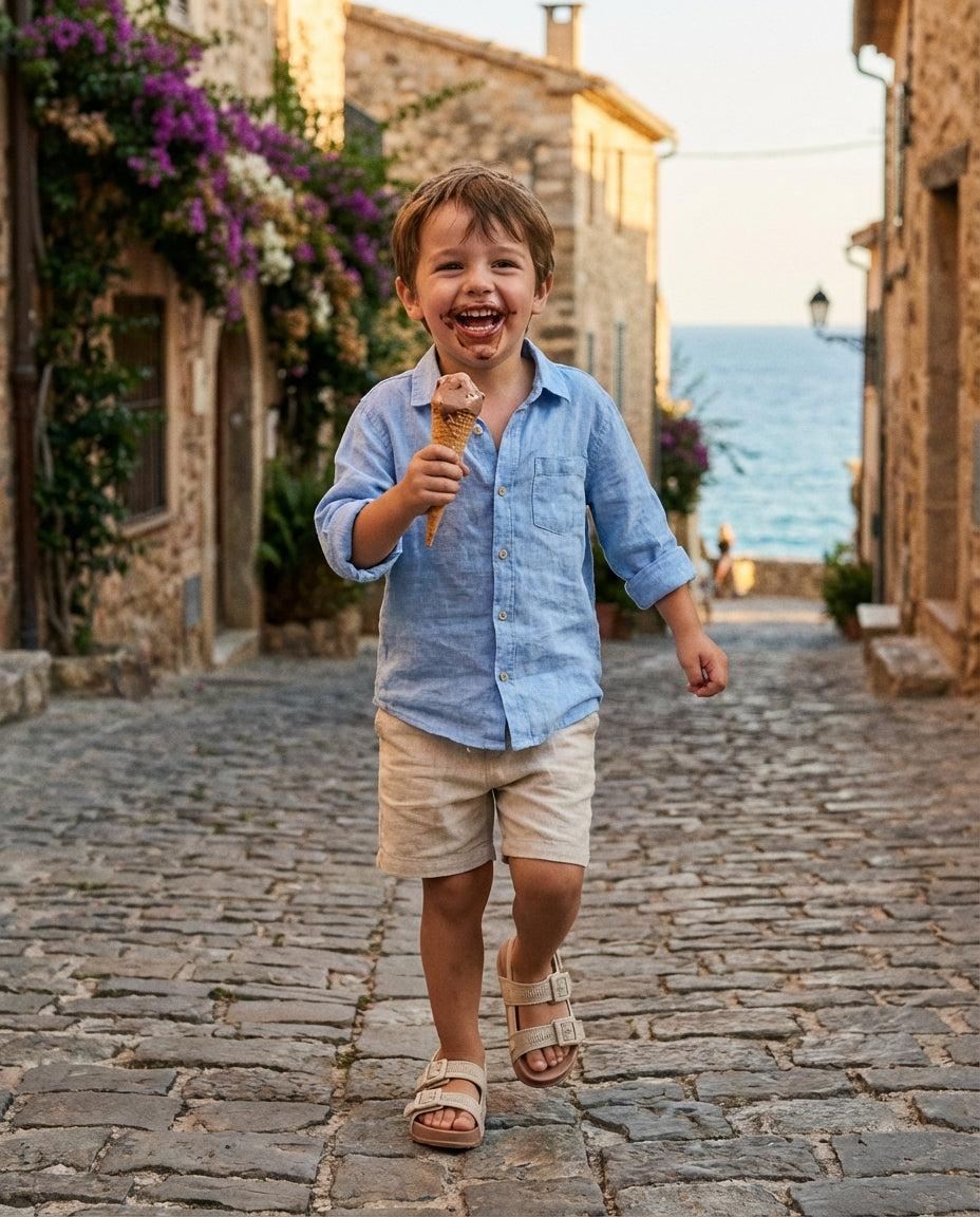 Avrupa'da taş sokakta dondurma yiyerek yürüyen erkek çocuğun ayağında şık ve rahat Mini Melissa bej Cozy sandalet