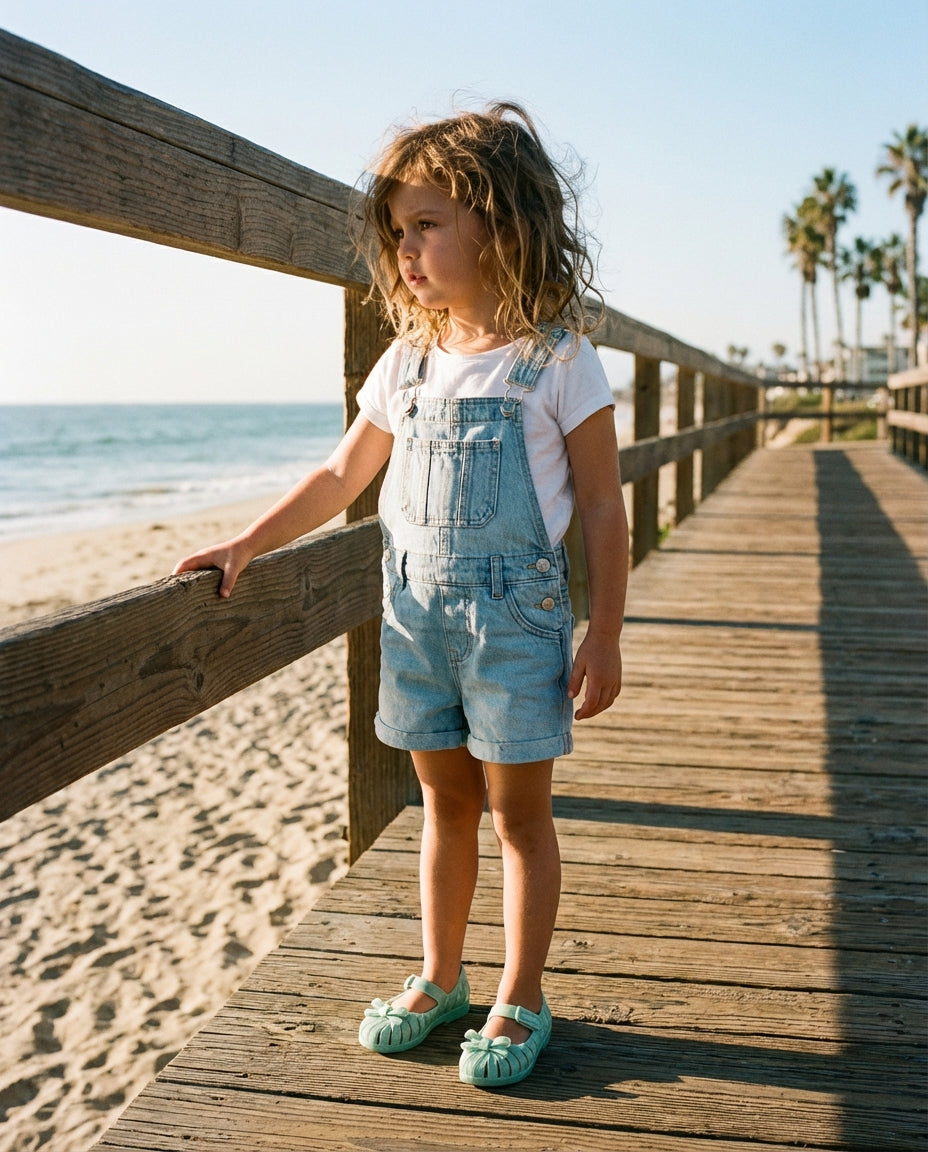 Kısa kot salopet kombiniyle sahil yolunda duran 4 yaşındaki kız çocuğunun ayağında rahat yazlık Mini Melissa mint yeşili ayakkabı