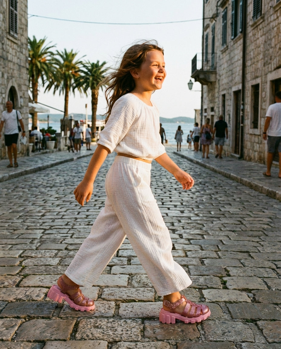 Taş sokakta beyaz müslin takımla rahatça yürüyen kız çocuğun ayağında şık ve kalın tabanlı Mini Melissa Megan pembe sandalet