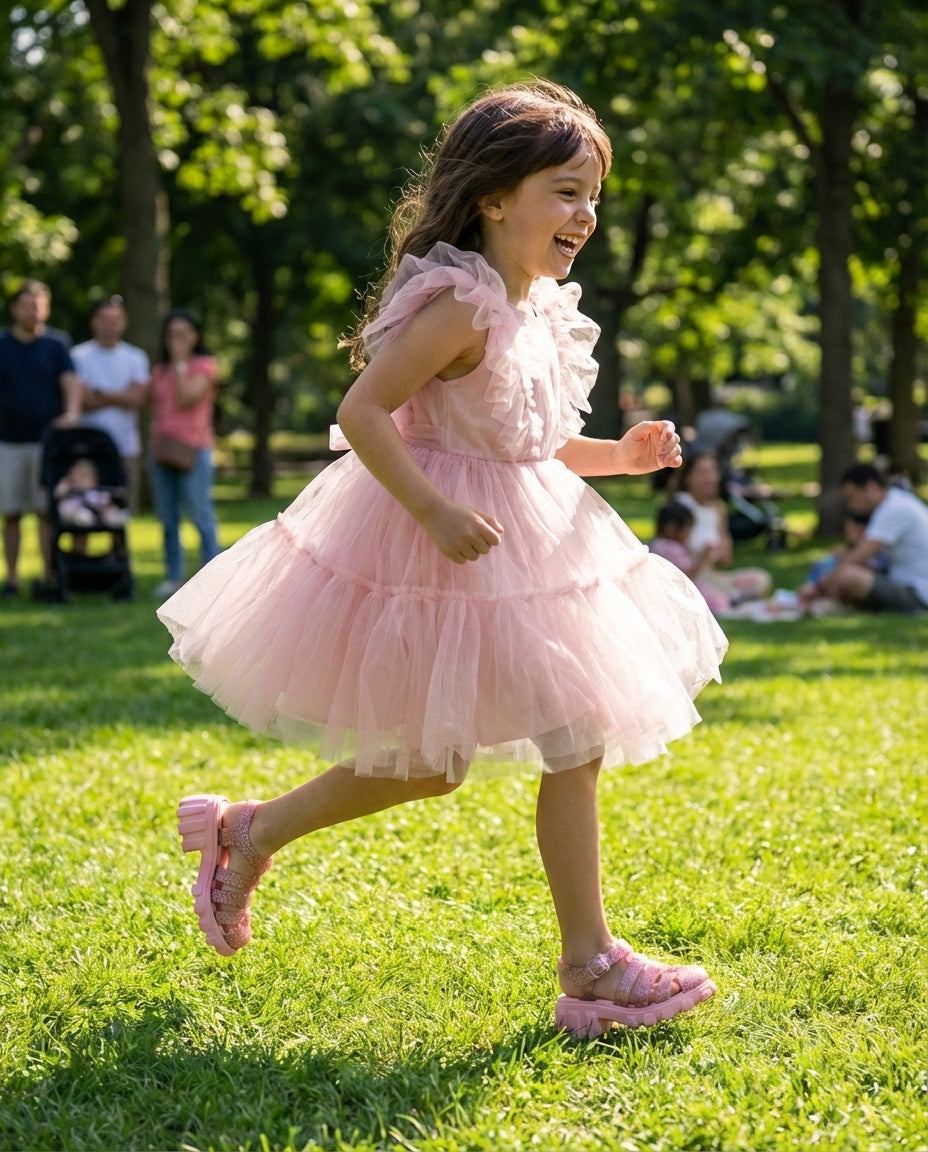 pudra pembe şık bayramlık elbiseyle çimlerde koşan kız çocuğun ayağında konforlu Mini Melissa simli pembe chunky sandalet