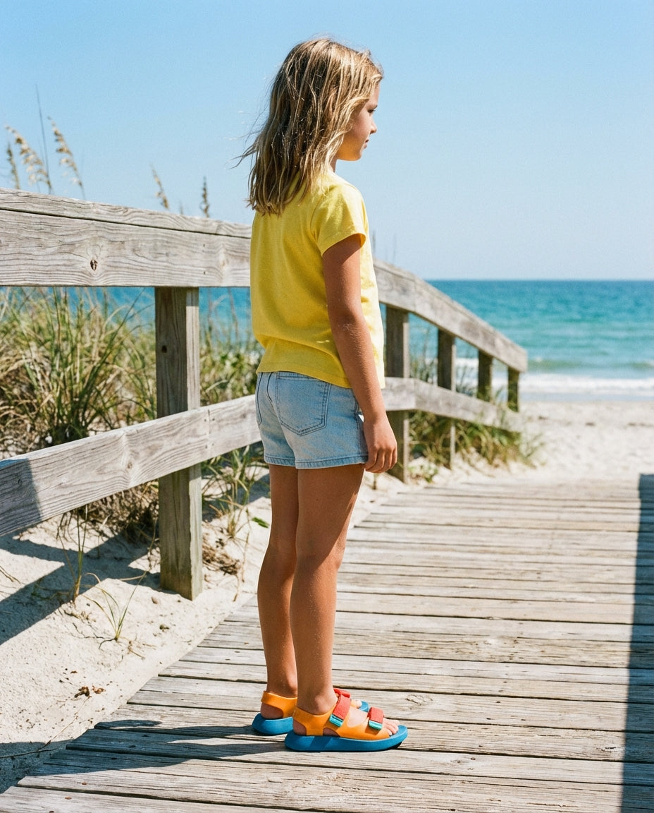 Kot şort ve sarı tişört kombiniyle sahil yolunda duran 9 yaşındaki çocuğun ayağında şık Mini Melissa renkli çocuk sandalet