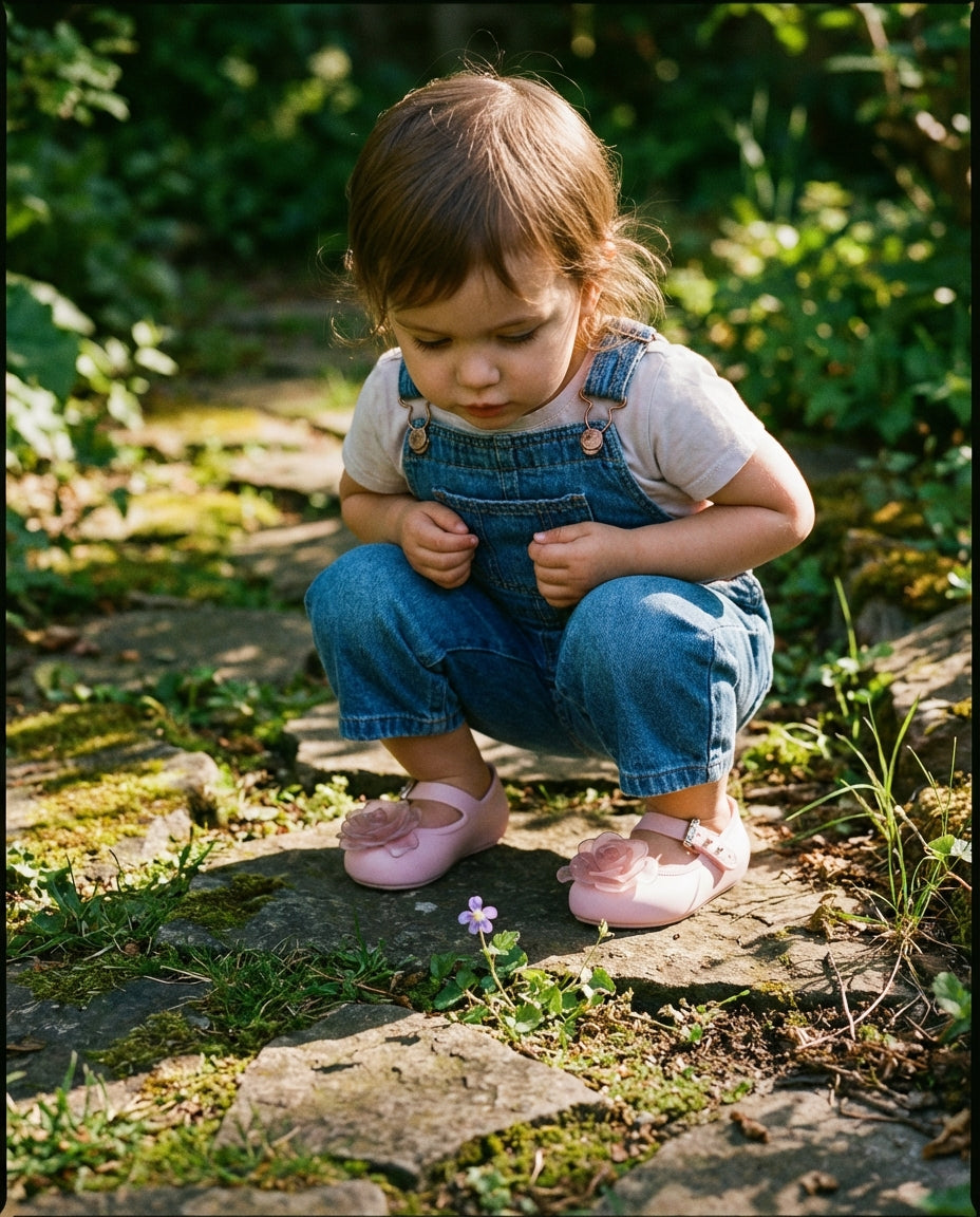 Doğal bahçe ortamında oyun oynayan kız çocuğun ayağında pembe çiçekli Mini Melissa babet ayakkabılar