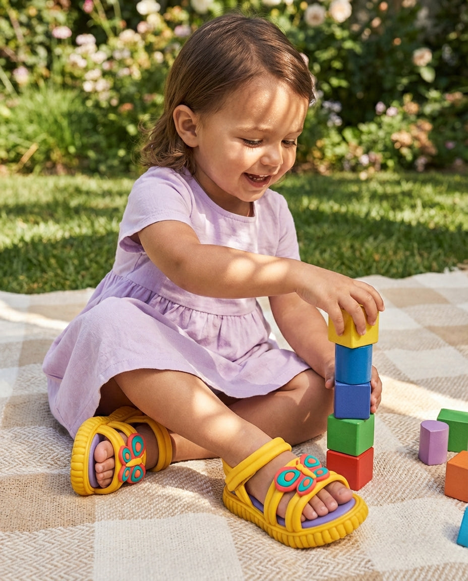 Lila yazlık elbiseyle parkta oynayan 3 yaşındaki kız çocuğunun ayağında dikkat çeken sarı Mini Melissa Play Doh sandalet