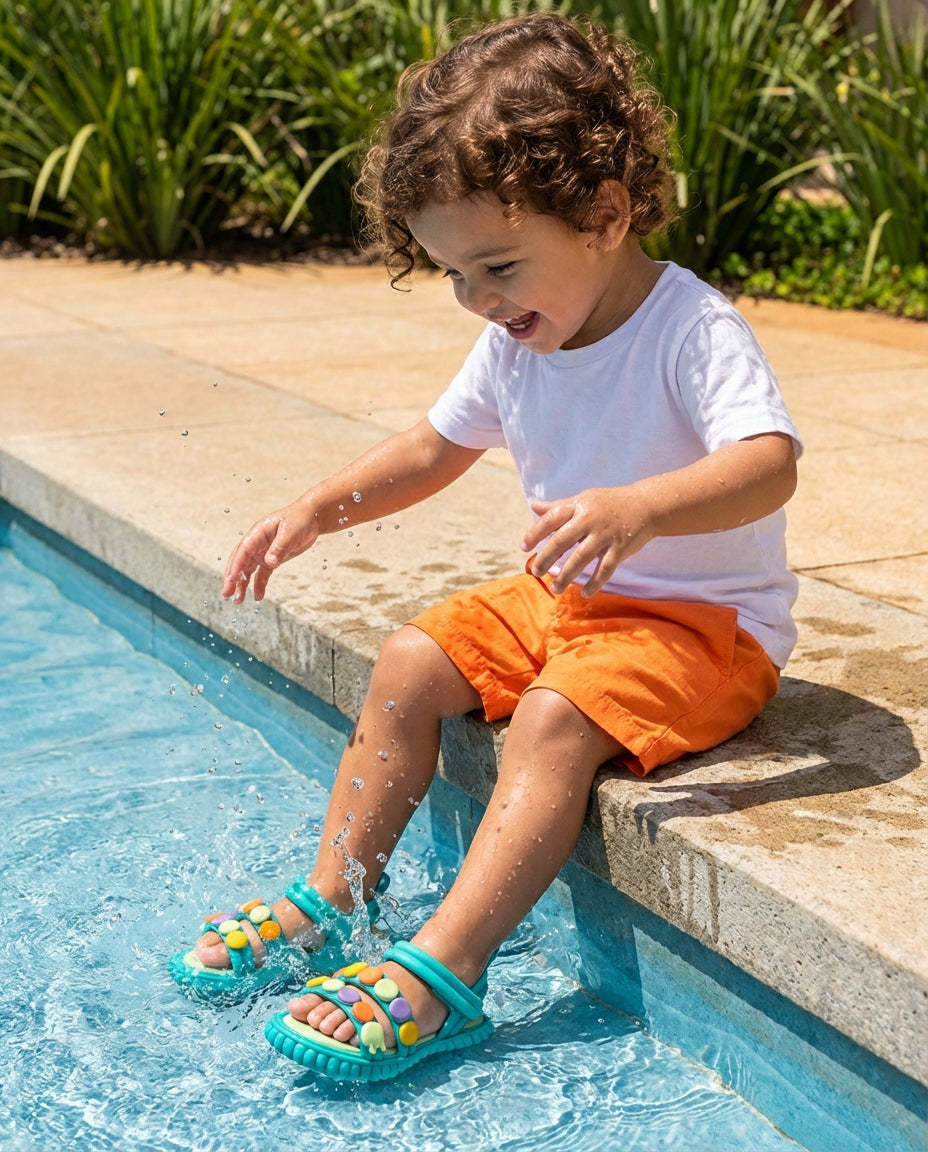 Turuncu şort ve beyaz tişört kombiniyle su kenarında oynayan 3 yaşındaki çocuğun ayağında ferah turkuaz Mini Melissa Play Doh sandalet