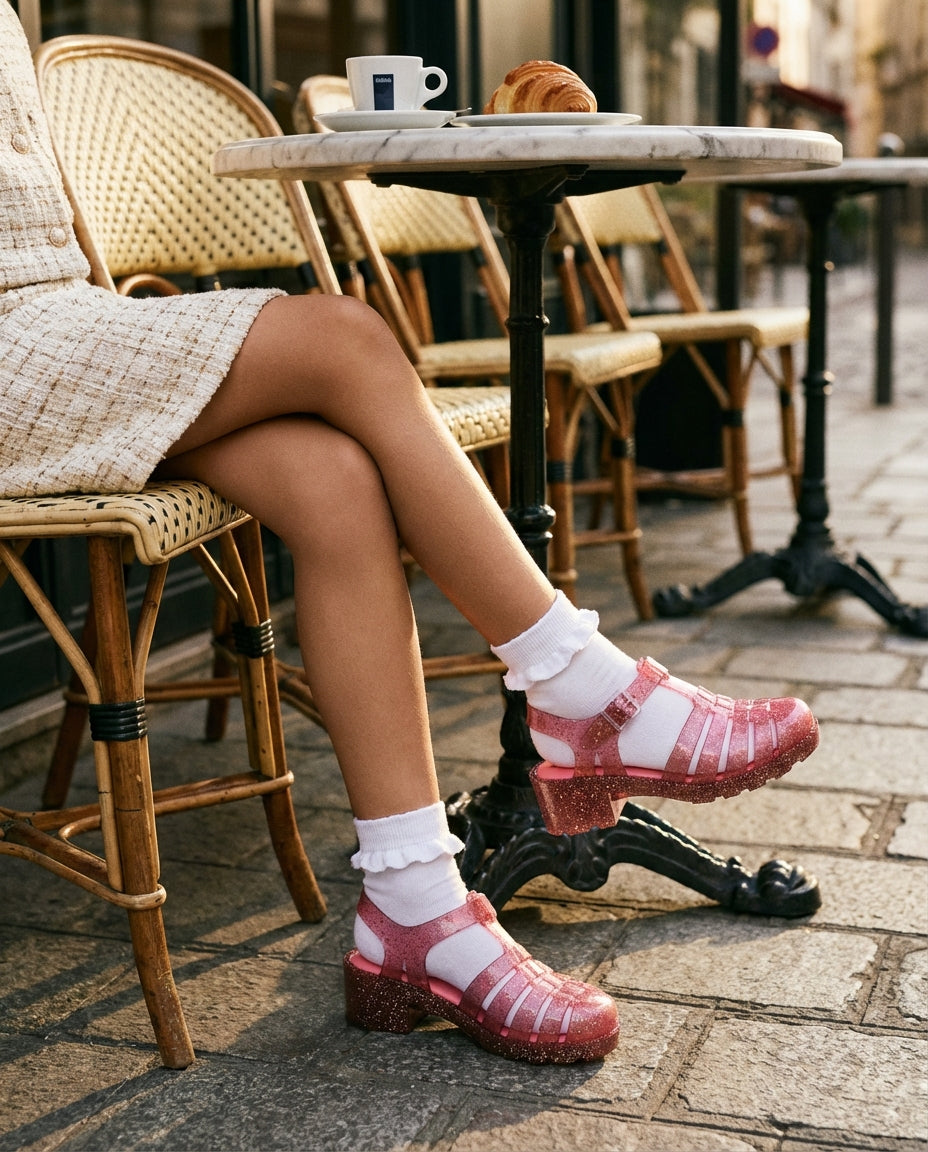 Beyaz fırfırlı çorap ve tüvit etekle kombinlenmiş şık Mini Melissa simli pembe topuklu kız çocuk sandaleti
