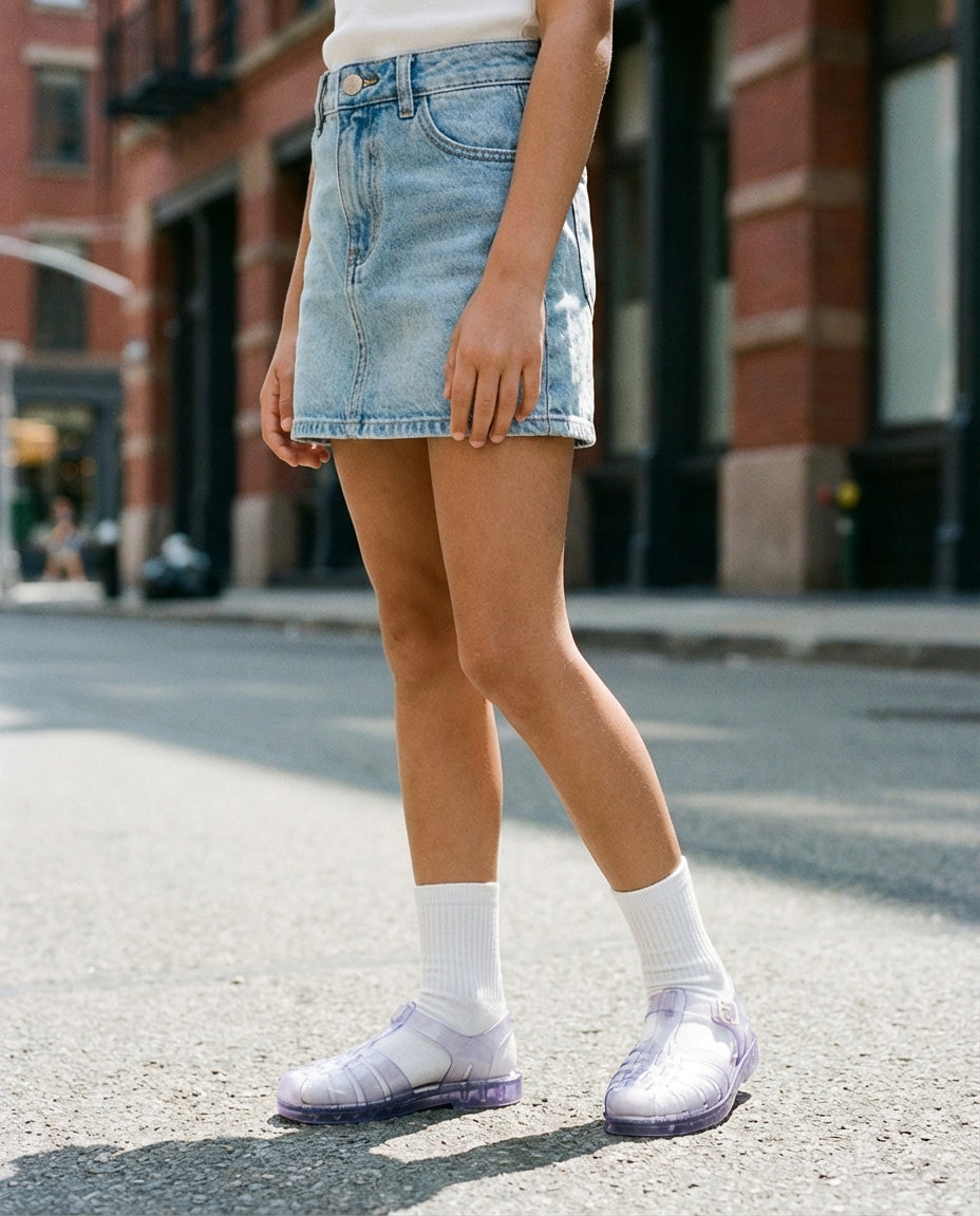Beyaz çorap ve kot etek kombiniyle sokakta duran 9 yaşındaki kızın ayağında trend şeffaf Mini Melissa Possession sandalet