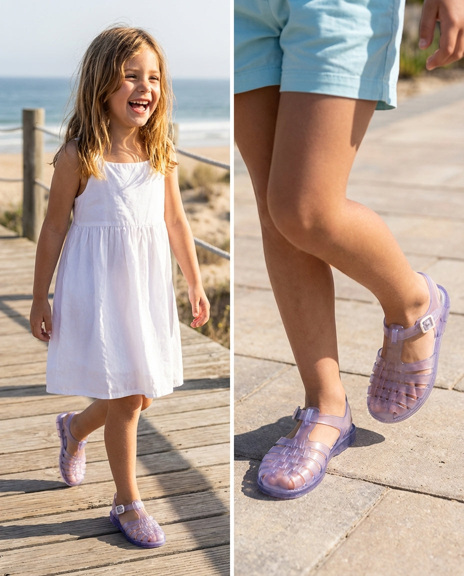 Taş zeminde adım atan 8 yaşındaki çocuğun ayağını saran örgü burunlu şeffaf Mini Melissa Possession sandalet yakın plan