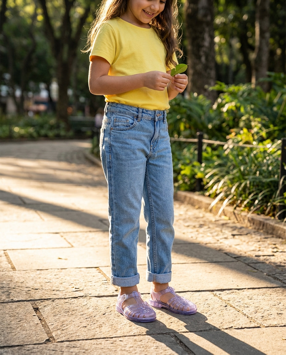 Kıvrık paça kot pantolon ve sarı tişört kombiniyle parkta duran 7 yaşındaki çocuğun ayağında şeffaf lila Mini Melissa sandalet