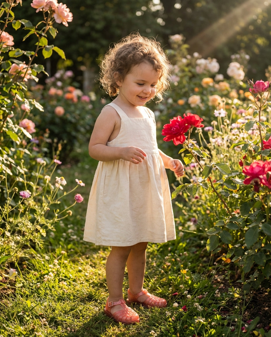 Krem rengi elbiseyle bahçede duran 3 yaşındaki kız çocuğunun ayağında ışıltılı simli somon Mini Melissa sandalet