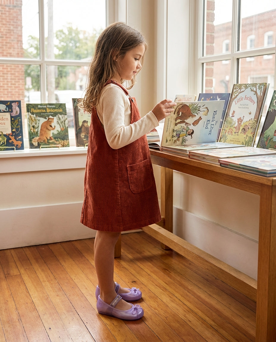 Kadife jile elbise kombiniyle kitap inceleyen 7 yaşındaki kızın ayağında şık Mini Melissa mor babe