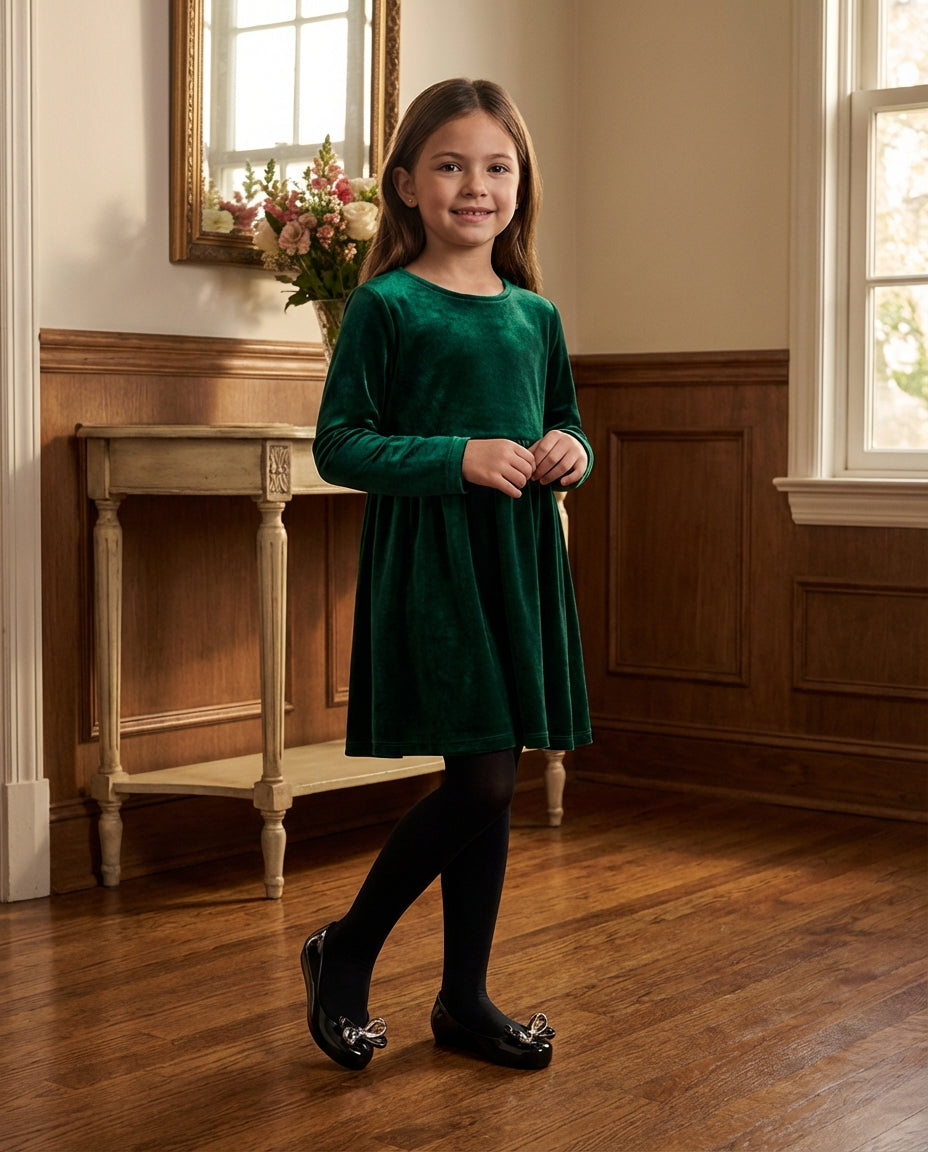 Zümrüt yeşili kadife elbiseyle davette duran 7 yaşındaki kızın ayağında zarif Mini Melissa siyah metalik fiyonklu babet