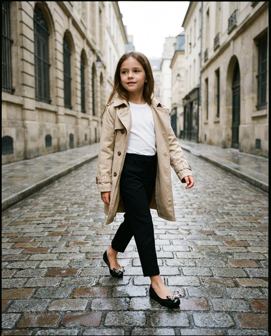 Trençkot ve kısa paça siyah pantolon kombiniyle şehirde yürüyen 8 yaşındaki kızın ayağında şık Mini Melissa siyah babet