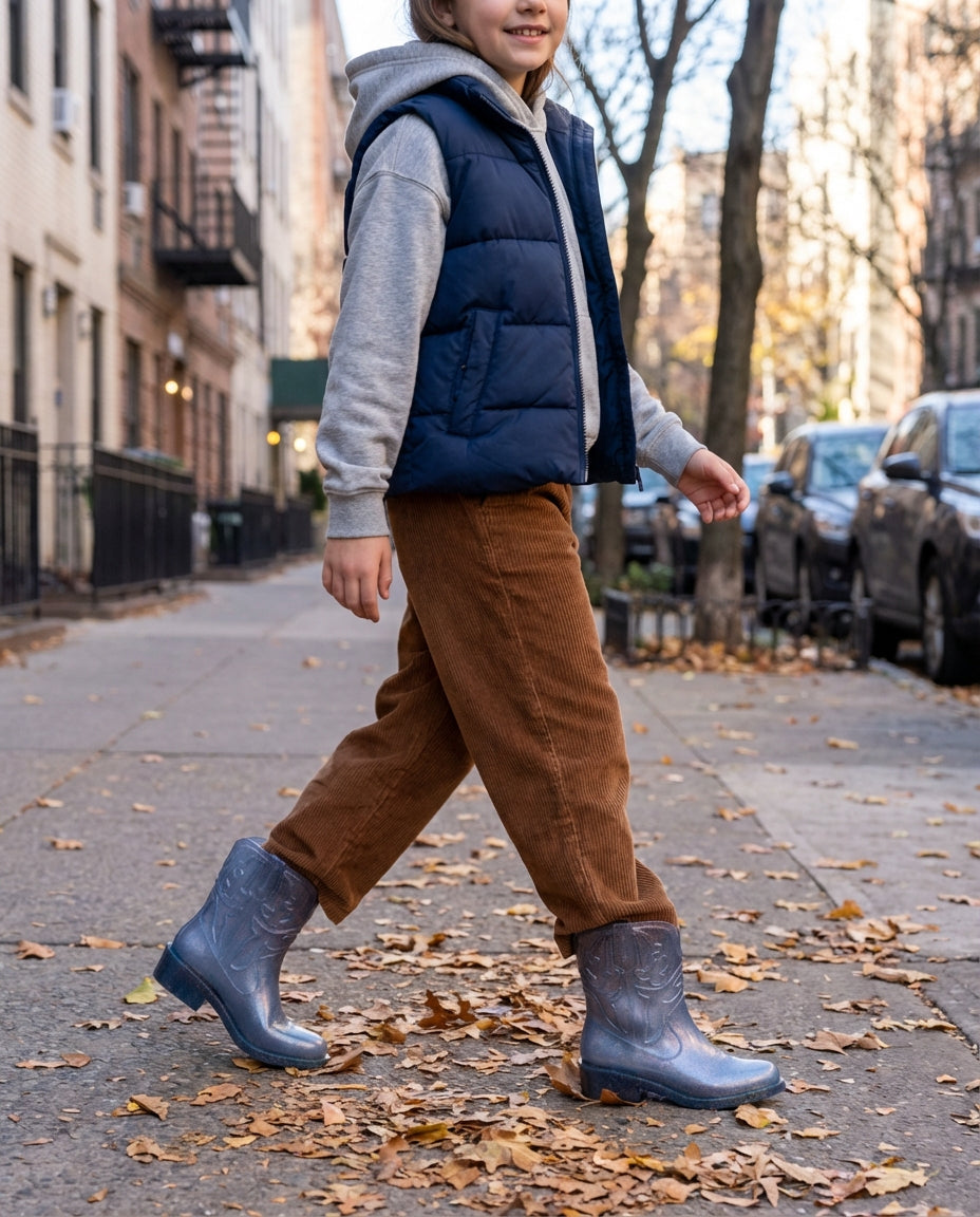 Kadife pantolon ve şişme yelek kombiniyle yürüyen 10 yaşındaki kız çocuğunun ayağında tarz Mini Melissa mavi bot