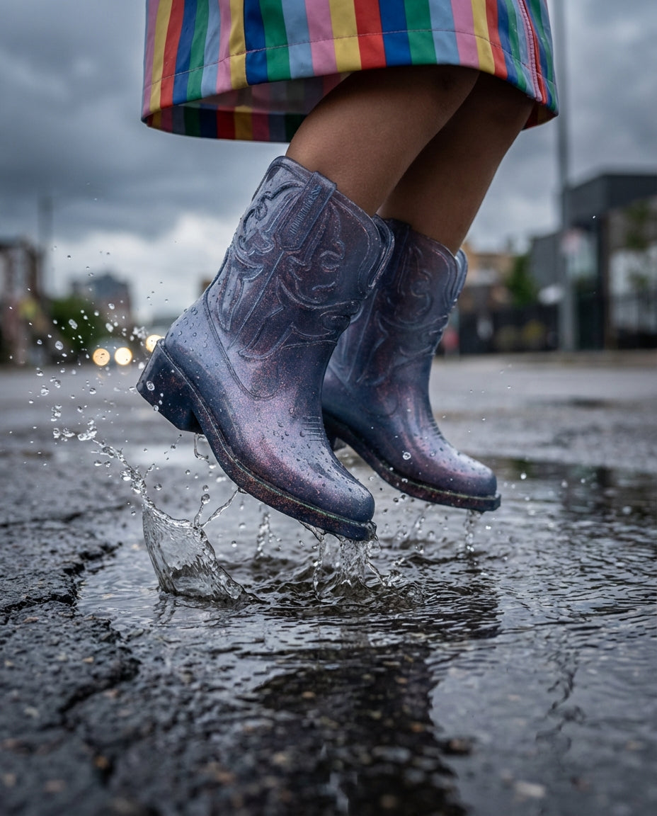 Riki mağazasında satılan Mini Melissa marka indigo lila renk geçişli Texas Cowboy kız çocuk botu. Şık sokak modası ve simli süet detaylı çocuk ayakkabısı