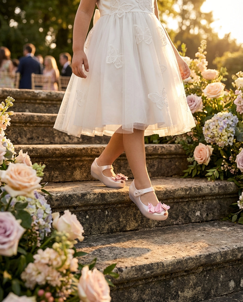 Lüks kır düğünü davetinde kelebek işlemeli beyaz elbise ile kombinlenmiş beyaz Mini Melissa kelebekli kız çocuk babeti