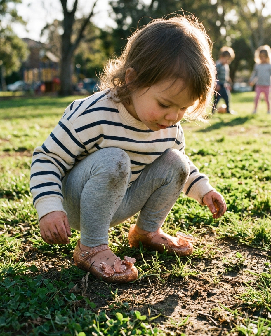Günlük park kullanımında rahat tayt kombiniyle çimlerde oynayan kız çocuğun ayağında simli altın kelebekli Mini Melissa babet ayakkabılar