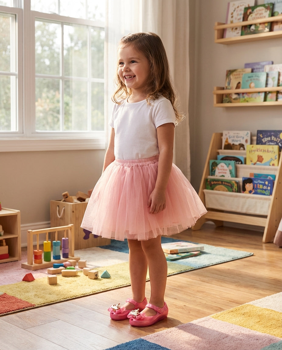 Pembe tül etek ve beyaz tişört kombiniyle duran 4 yaşındaki kız çocuğunun ayağında 3 boyutlu taç detaylı Mini Melissa prenses ayakkabısı