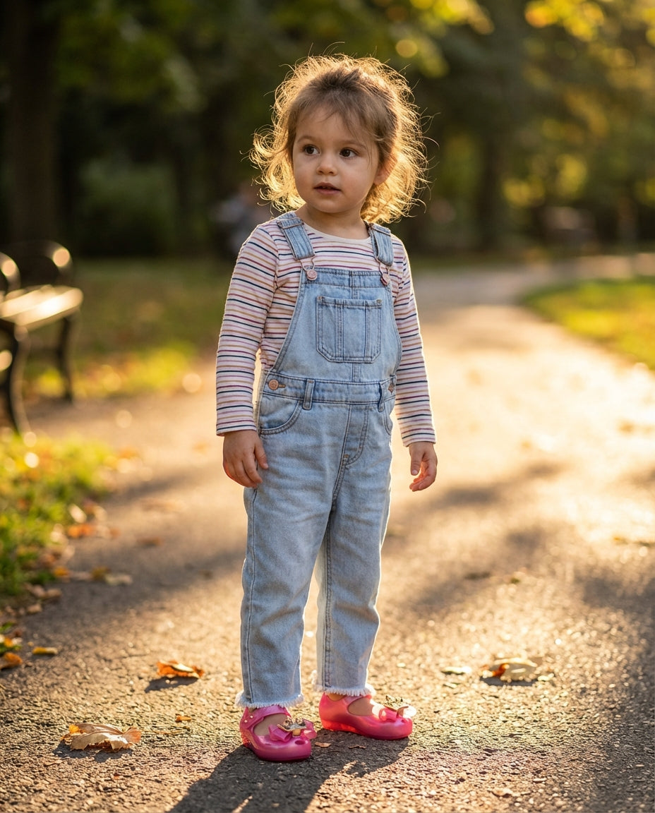 Kot salopet kombiniyle parkta duran 3 yaşındaki kız çocuğunun ayağında dikkat çeken taçlı Mini Melissa pembe prenses babet