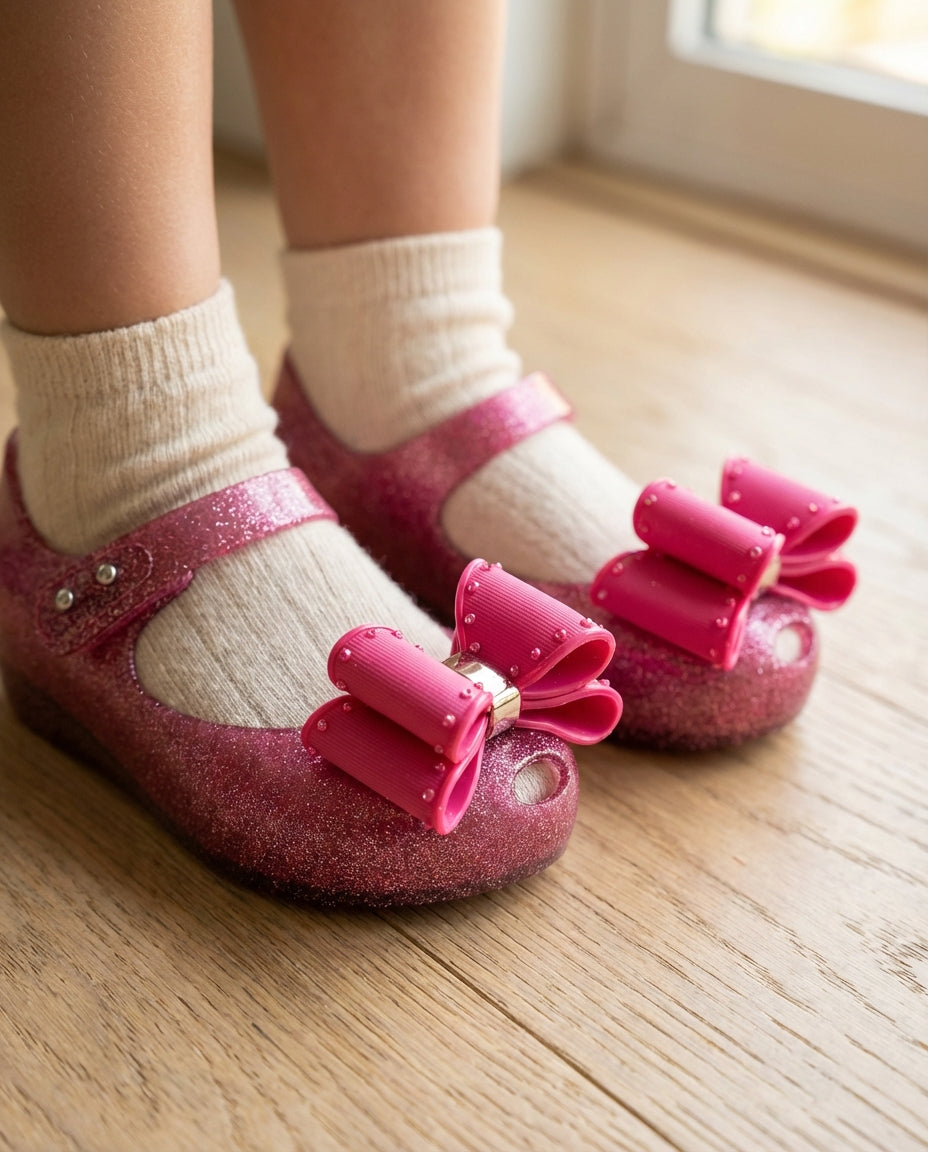 Mini Melissa Ultragirl Classic Bow simli pembe fiyonklu kız bebek babet ayakkabısı ayakta duruş profili ve esnek Melflex yapısı