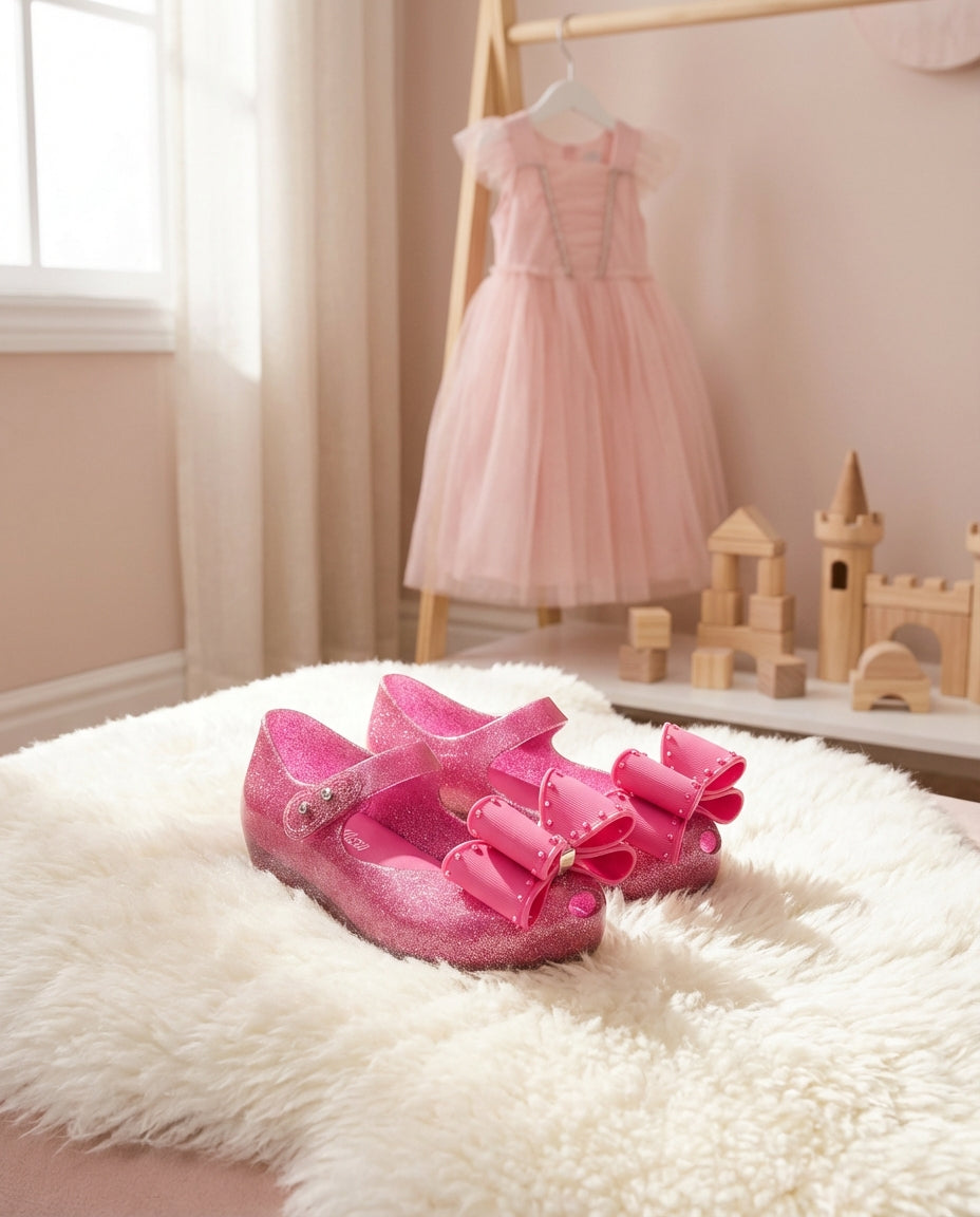 Prenses odası konseptinde beyaz peluş halı üzerinde %100 vegan simli pembe Mini Melissa kız çocuk fiyonklu babet