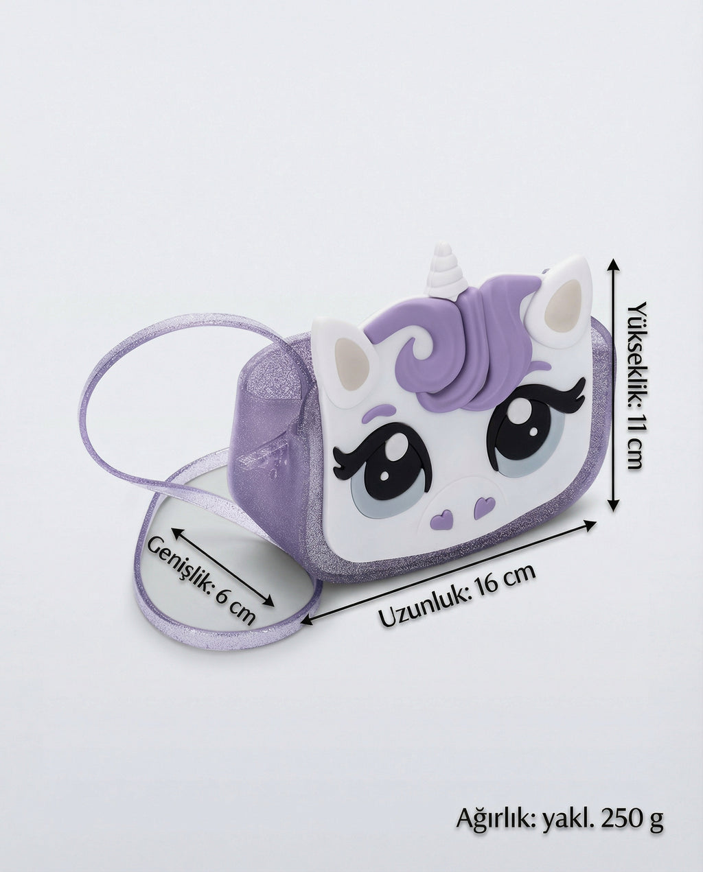Mini Melissa Unicorn simli lila çocuk çantası ölçüleri