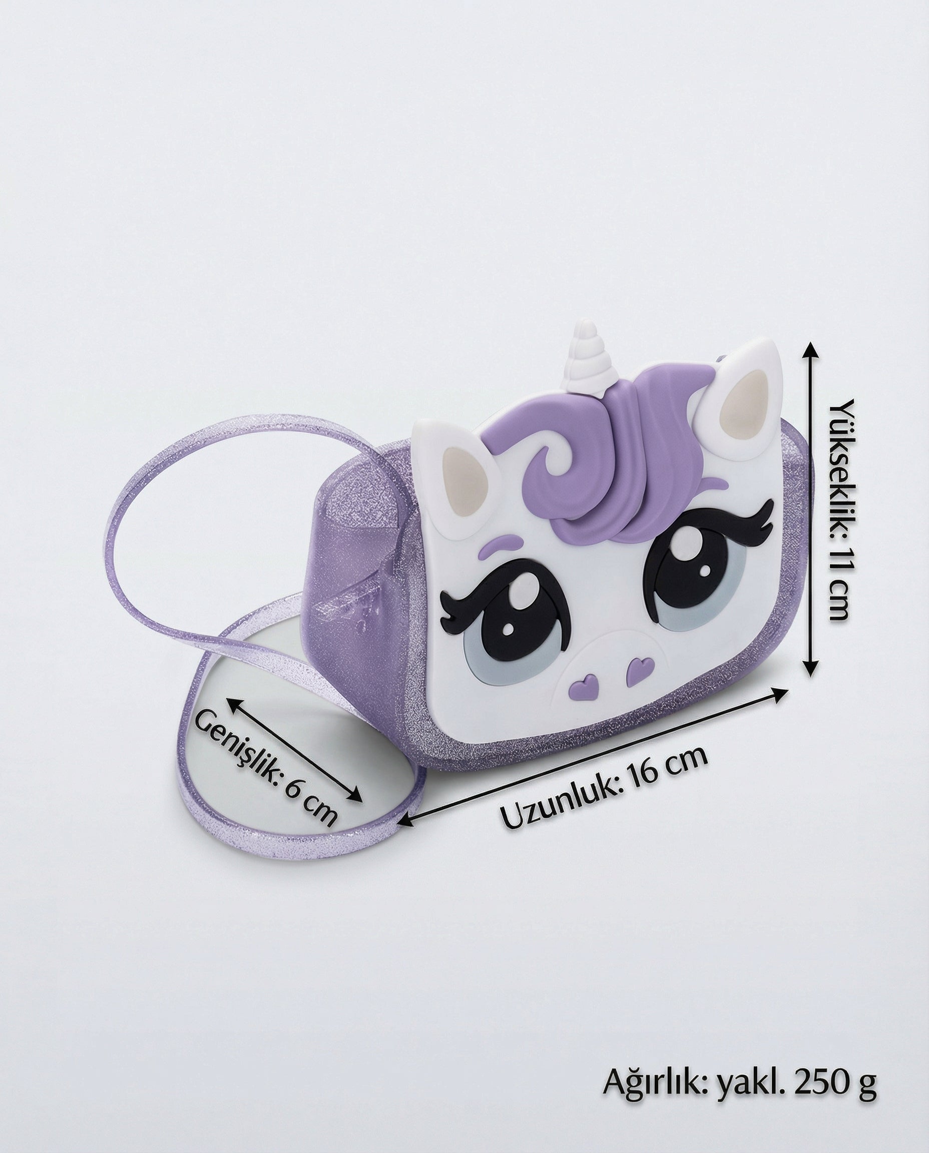 Mini Melissa Unicorn simli lila çocuk çantası ölçüleri