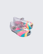 Mini Melissa Ultragirl Uni Baby gümüş simli 3 boyutlu unicorn tasarımlı kız bebek ayakkabısı çapraz görünüm