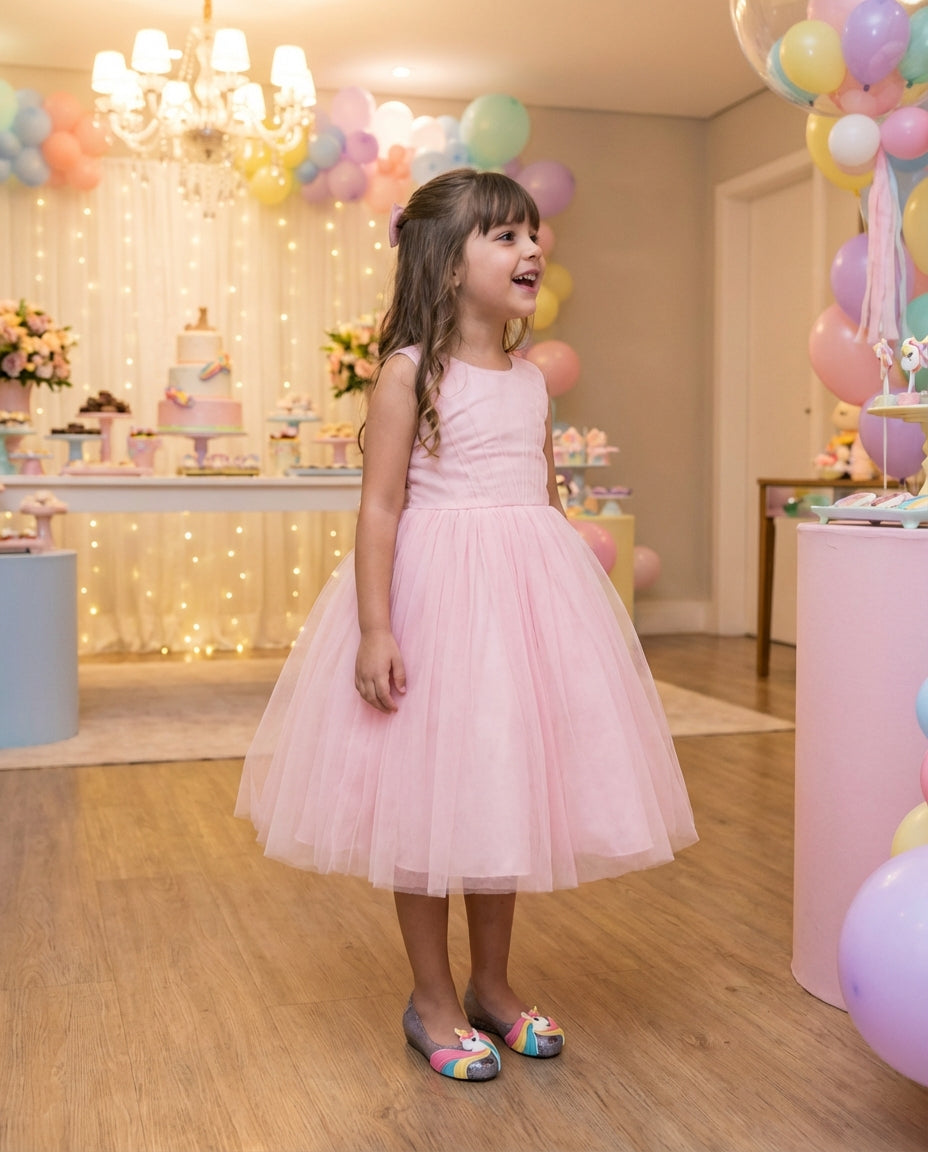 Pembe tül parti elbisesiyle doğum gününde duran 7 yaşındaki kız çocuğunun ayağında gümüş simli unicorn Mini Melissa ayakkabı