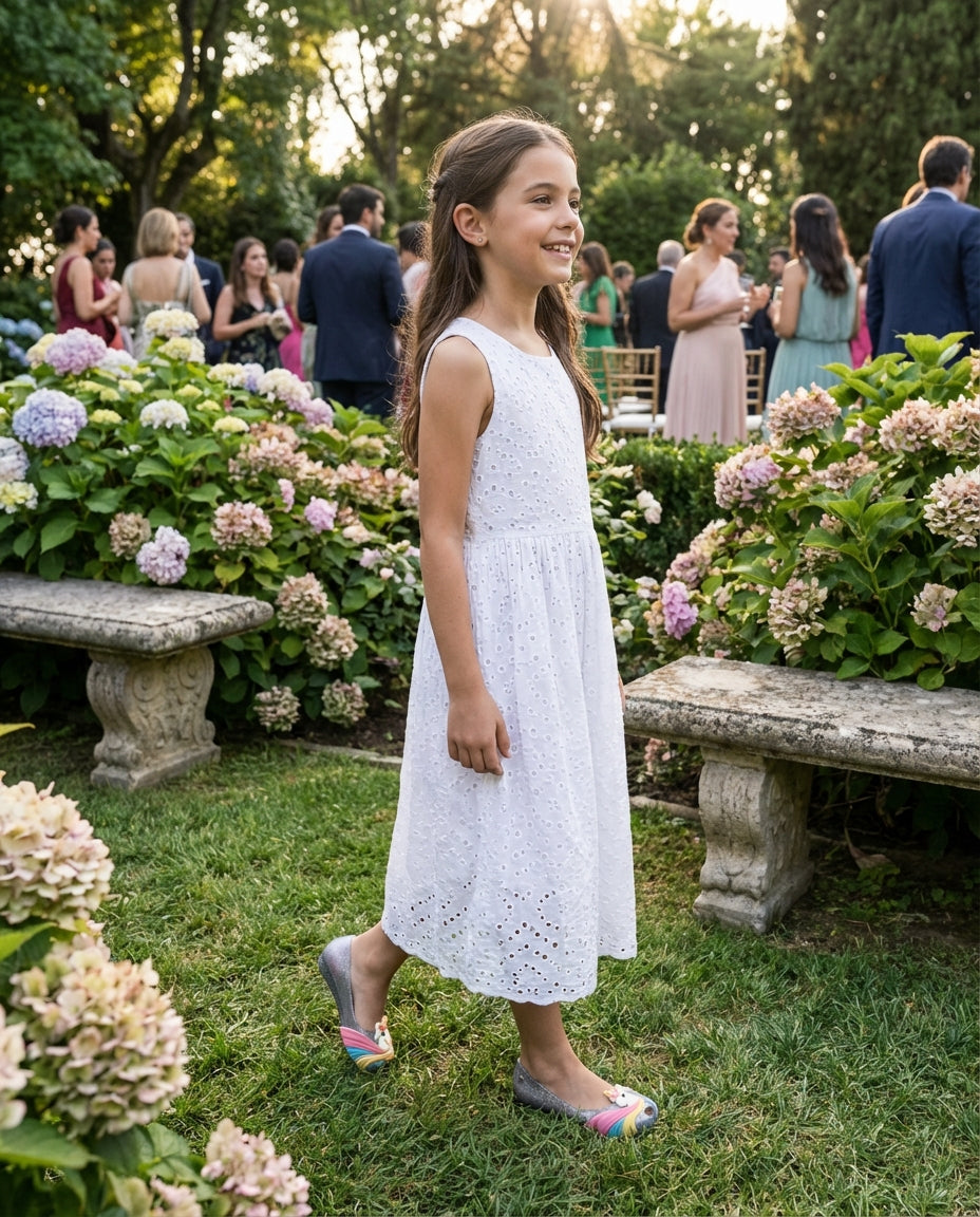 Beyaz fisto elbiseyle bahçe davetinde duran 9 yaşındaki kızın ayağında dikkat çeken simli unicorn Mini Melissa babet