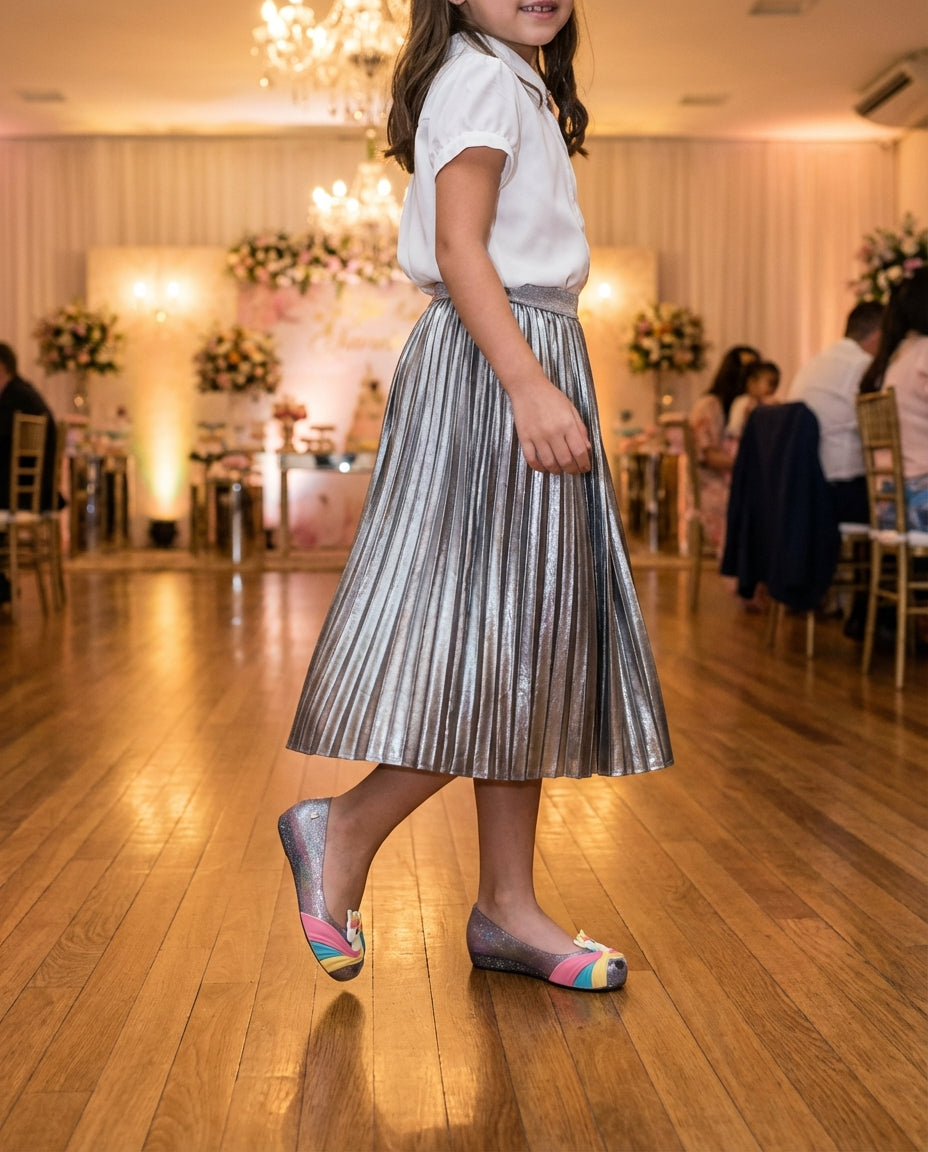 Gümüş pileli etek kombiniyle kutlamada adım atan 8 yaşındaki kızın ayağında orantılı Mini Melissa unicorn parti ayakkabısı