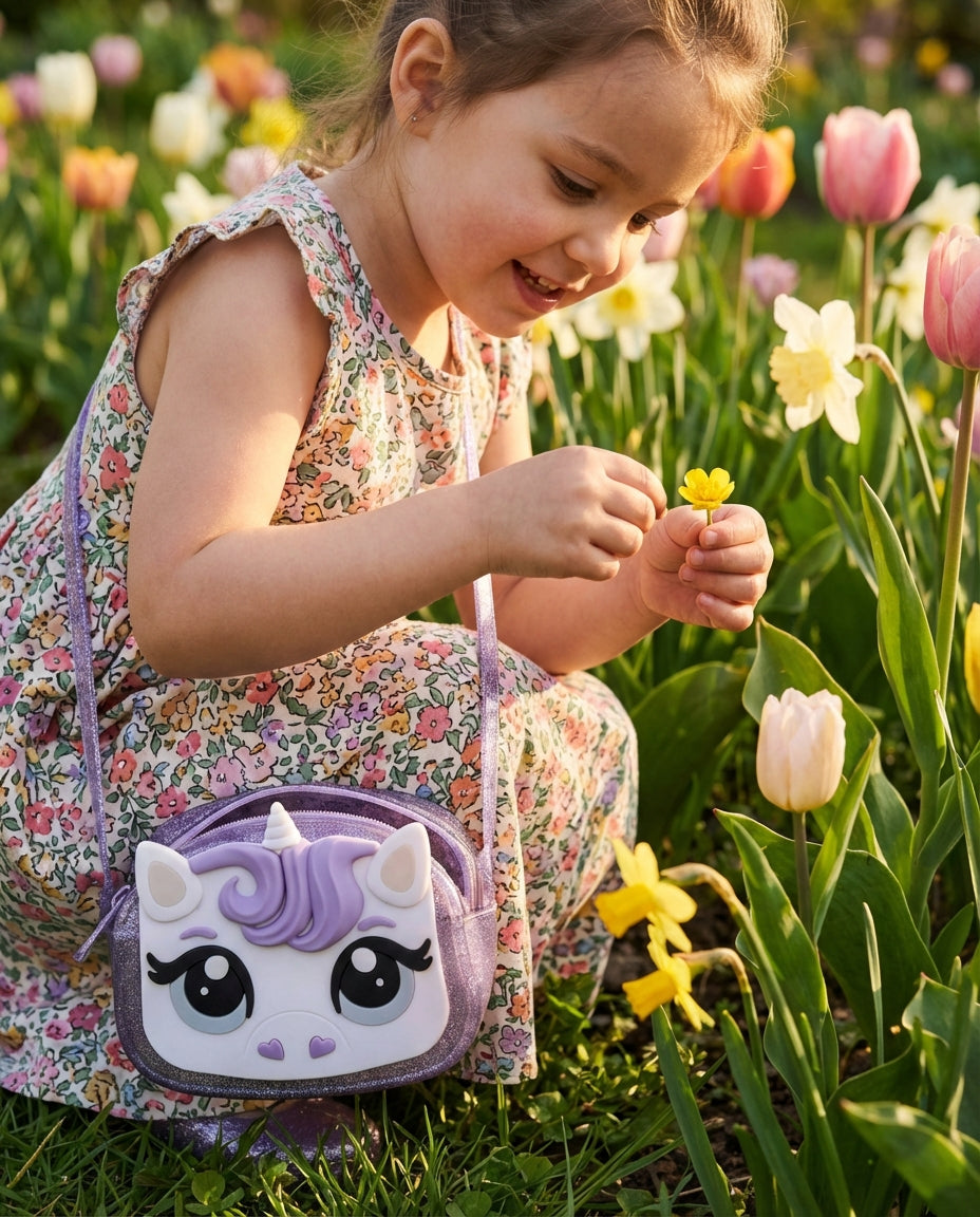 Bahçede çiçek toplayan meraklı kız çocuğunun yanında pratik kullanımlı Mini Melissa lila unicorn çanta