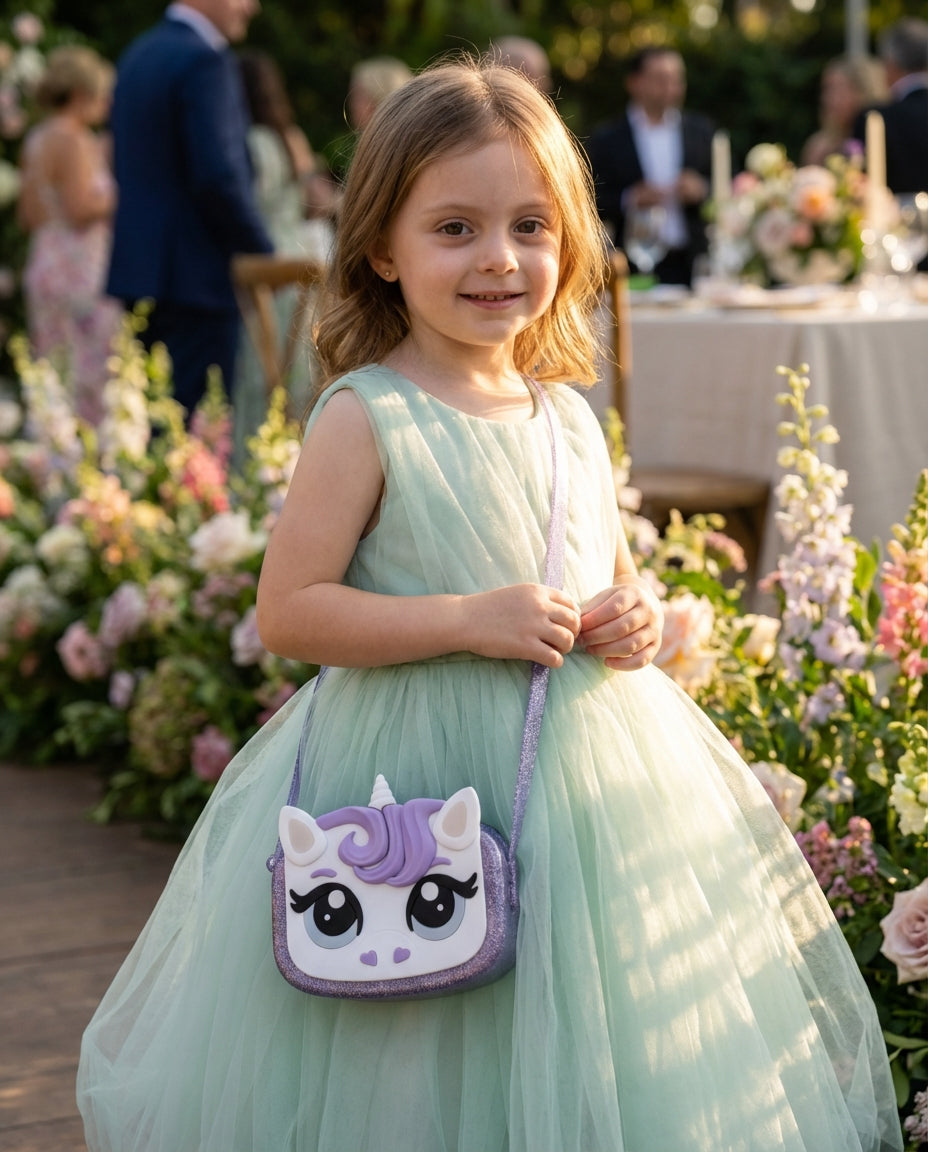 Şık tül parti elbisesiyle özel güne katılan kız çocuğunun çapraz taktığı zarif Mini Melissa lila unicorn çanta