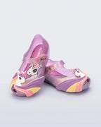 Mini Melissa Unicorn lila simli kız çocuk babet ayakkabı, unicorn aplike ve cırt cırt kayış detayı açılı