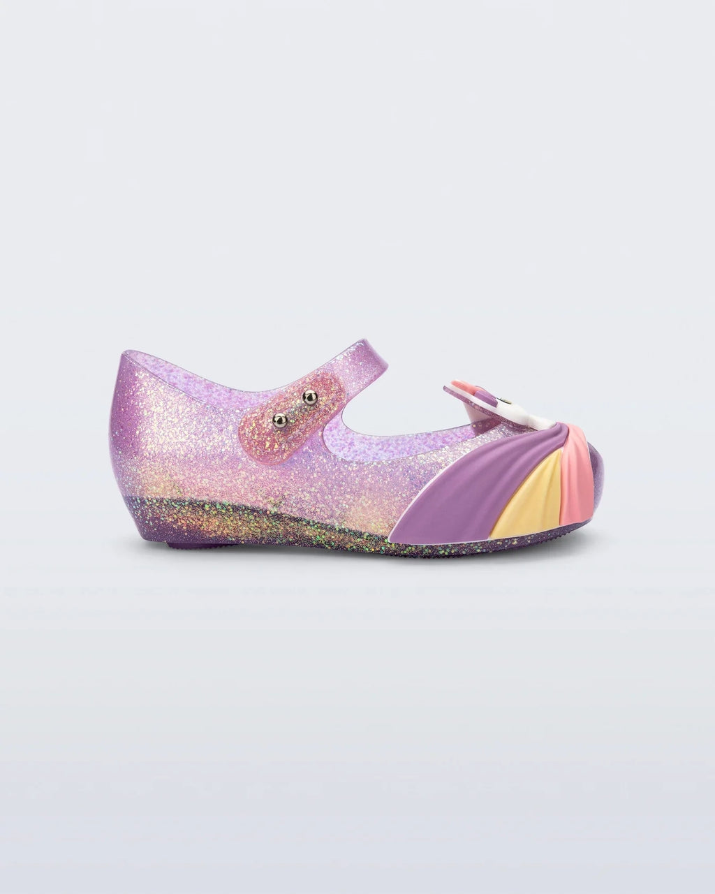 Mini Melissa Unicorn lila simli kız çocuk babet ayakkabı yan profil, simli taban ve unicorn aplike