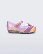 Mini Melissa Unicorn lila simli kız çocuk babet ayakkabı yan profil, simli taban ve unicorn aplike