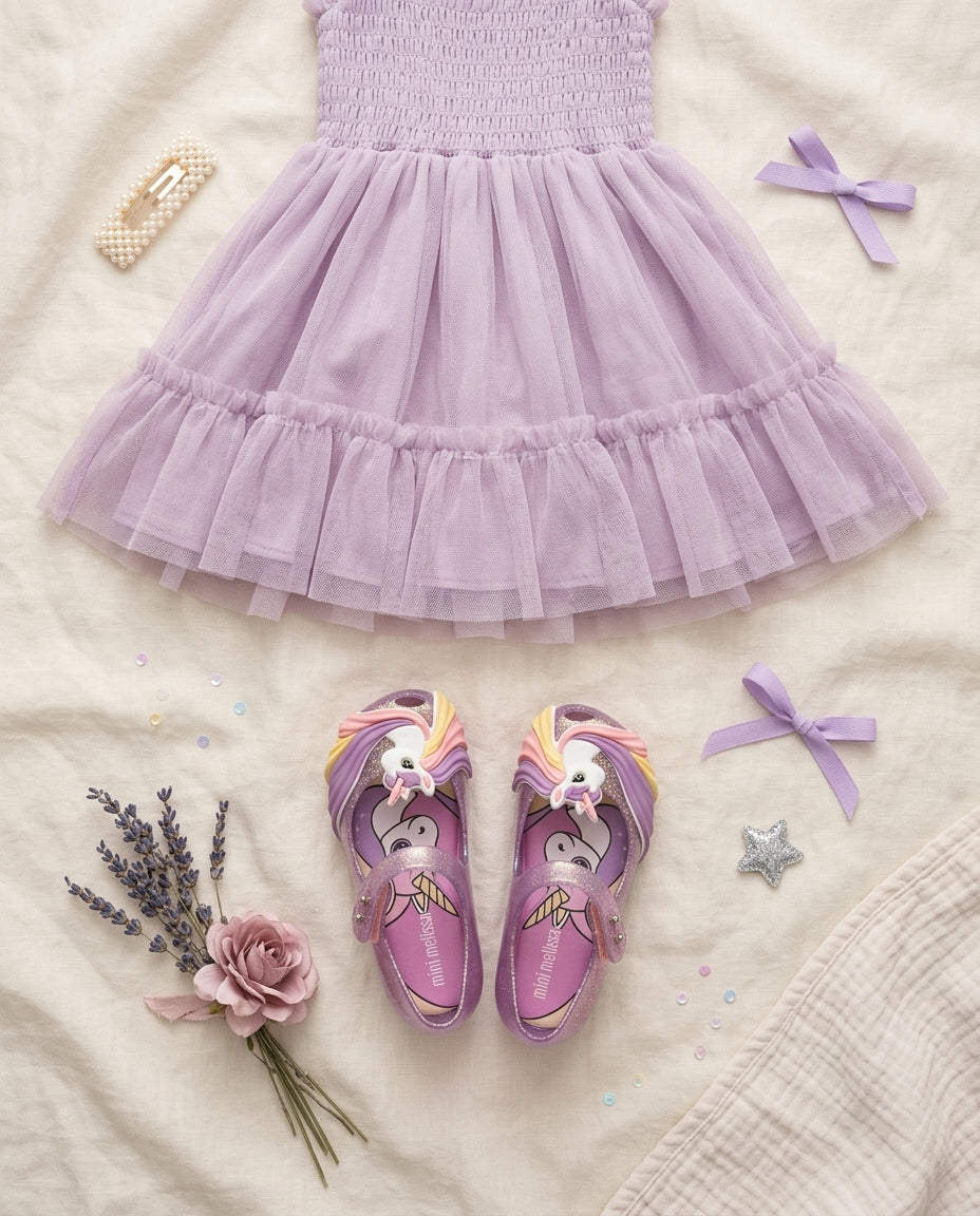 Mini Melissa Unicorn lila ayakkabı flatlay kombin, lila tül elbise, saç fiyonku, kuru lavanta ve çiçek