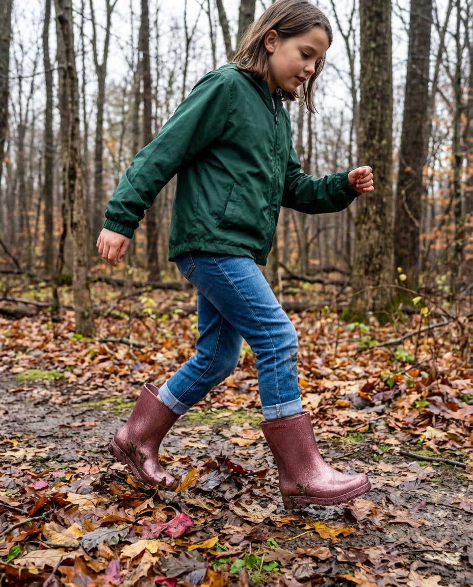 Orman yolunda kendinden emin adımlarla yürüyen 10 yaşındaki kız çocuğunun ayağında kaymaz tabanlı Mini Melissa yağmur botu
