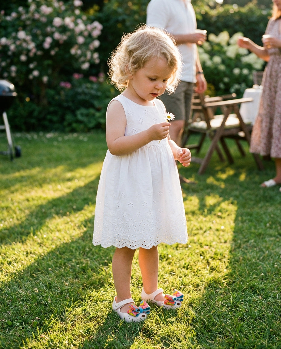 Beyaz elbiseyle bahçede duran 3 yaşındaki kız çocuğunun ayağında renkli fiyonklu Mini Melissa Ultragirl babet