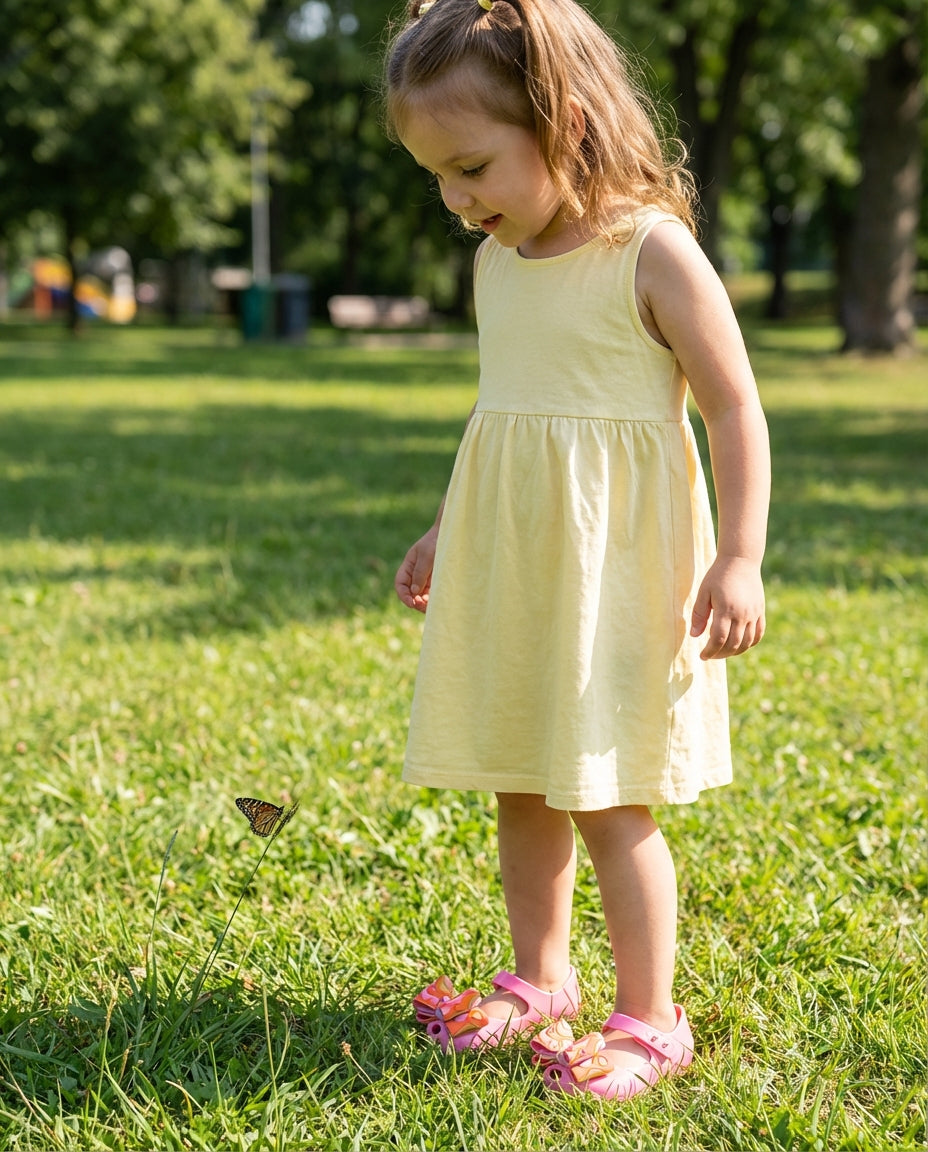 Sarı yazlık elbiseyle çimlerde duran 4 yaşındaki kız çocuğunun ayağında enerjik Mini Melissa pembe turuncu ayakkabı