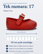 Mini Melissa My First Ballerina kırmızı beden bilgisi: tek numara EU 17, yaklaşık 0-6 ay, Melissa resmi tablosuna göre 10 cm ayak uzunluğu