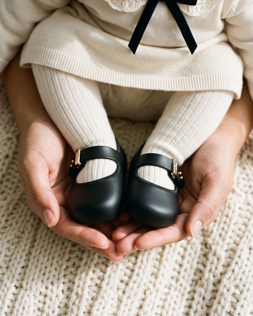 Annesinin avucunda siyah Mini Melissa My First Ballerina ve fildişi çorap giymiş bebek ayakları, 17 numara yenidoğan babeti