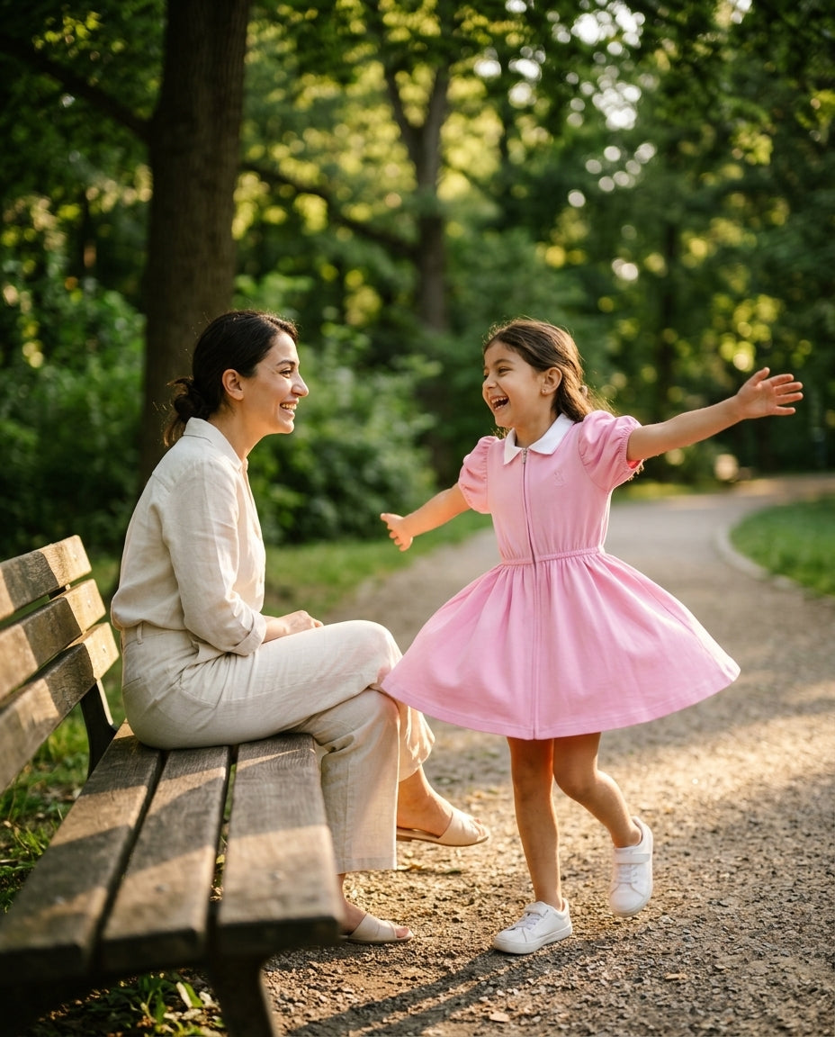 Parkta dönen Monna Rosa pembe elbiseli kız çocuğu, anne izliyor