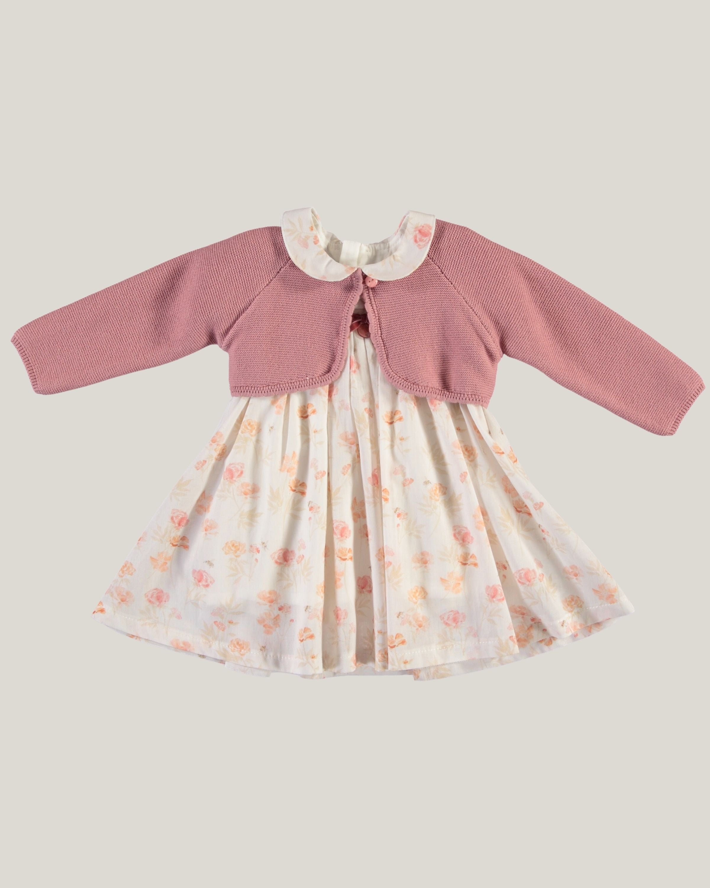 Monna Rosa Milano ekru pembe renkli %100 pamuk kız çocuk ve bebek elbisesi tam boy önden görünüm
