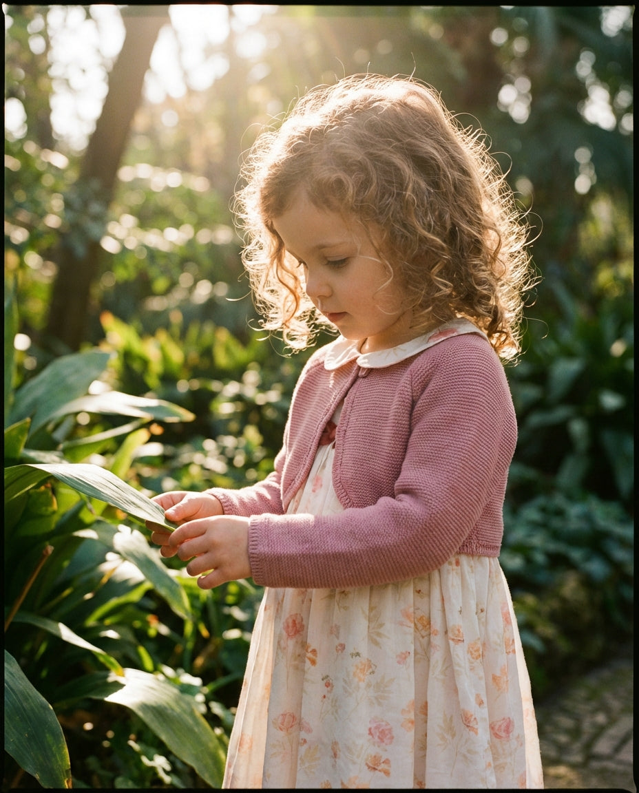 Botanika bahçesinde oynayan 4 yaşındaki kız çocuğunun üzerindeki Monna Rosa Milano ekru pembe %100 pamuklu elbise doğal görünüm