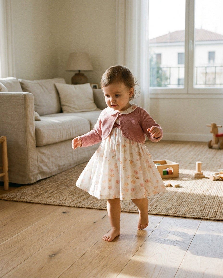 Aydınlık salonda adımlarını atan 1.5 yaşındaki bebeğin üzerindeki terletmeyen pamuklu Monna Rosa ekru pembe elbise