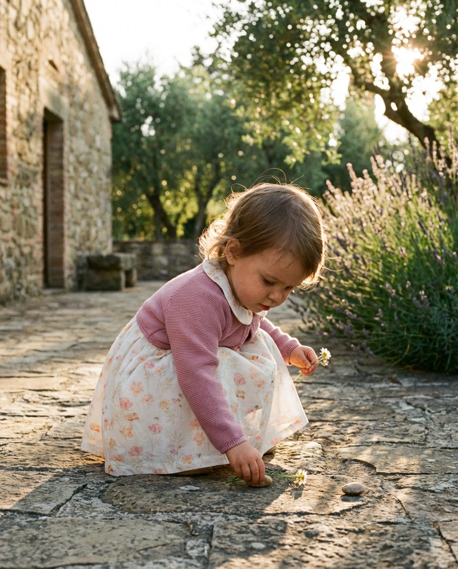 Dış mekanda taş yolda oynayan 2-3 yaşındaki kız çocuğunun üzerindeki ekru pembe Monna Rosa pamuklu elbise tam boy görünüm