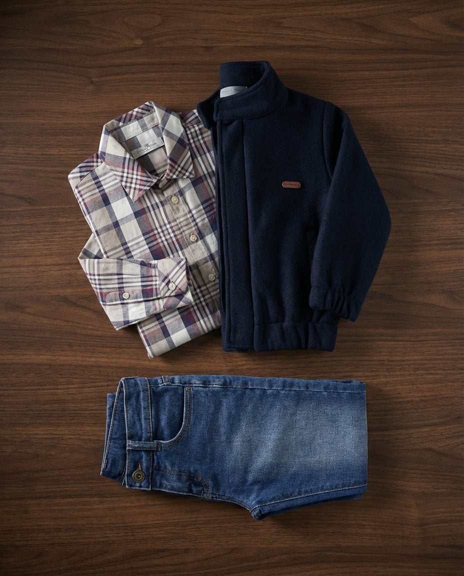 Monna Rosa lacivert erkek çocuk hırka gömlek ve esnek kot pantolon 3'lü takım premium üstten çekim