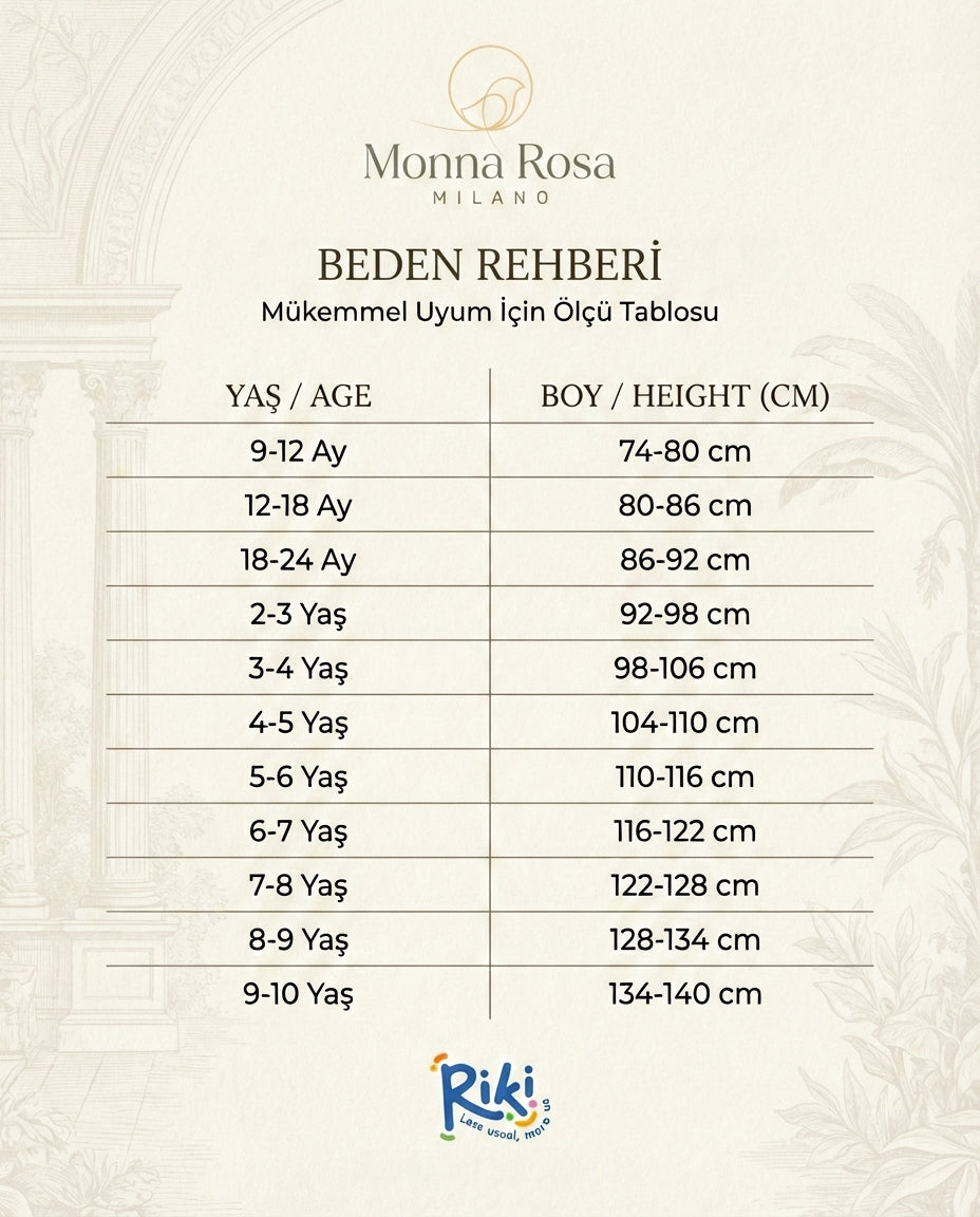 Monna Rosa Milano premium çocuk giyim beden ve ölçü rehberi tablosu